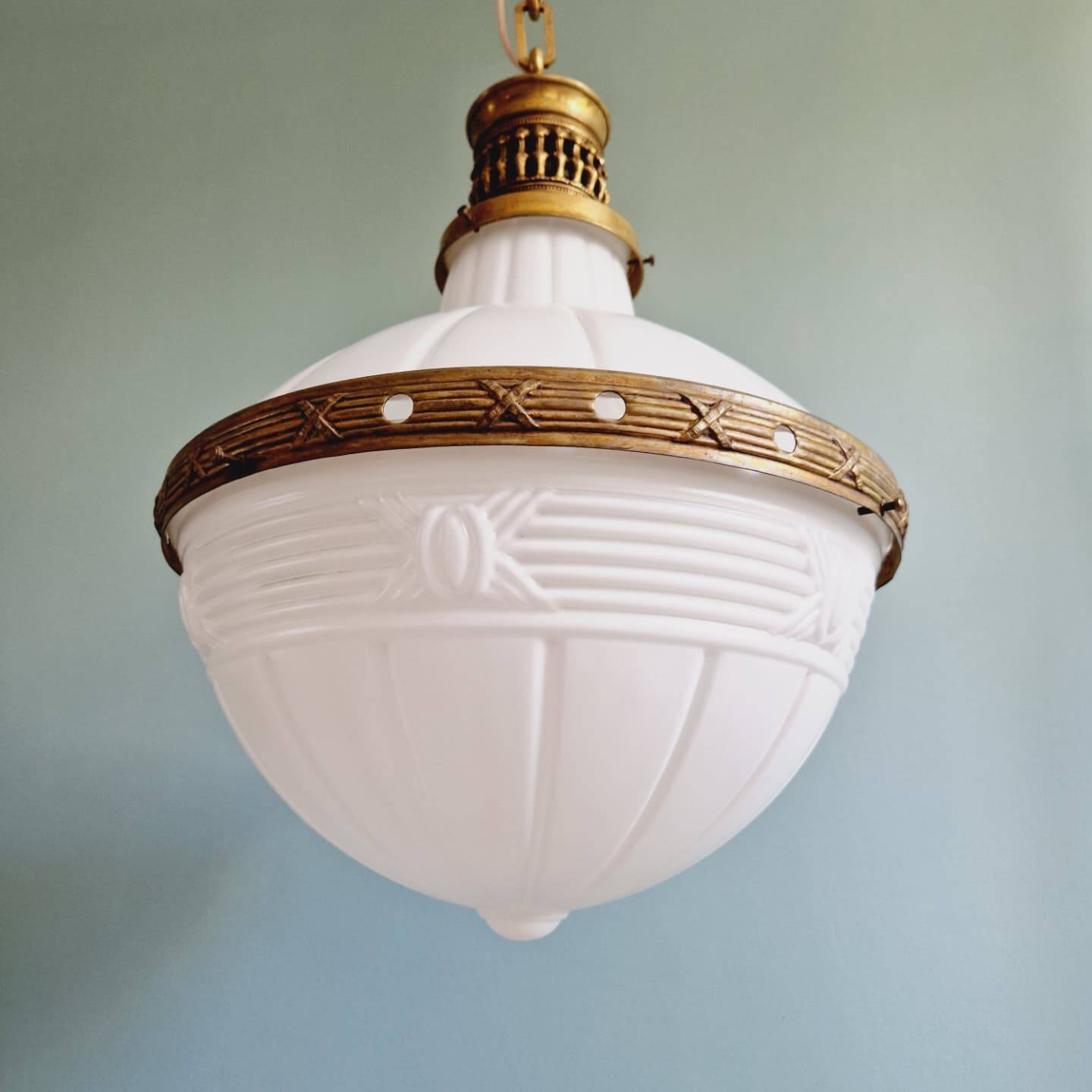 Large Art Deco pendant light in milk glass and brass, 1920s