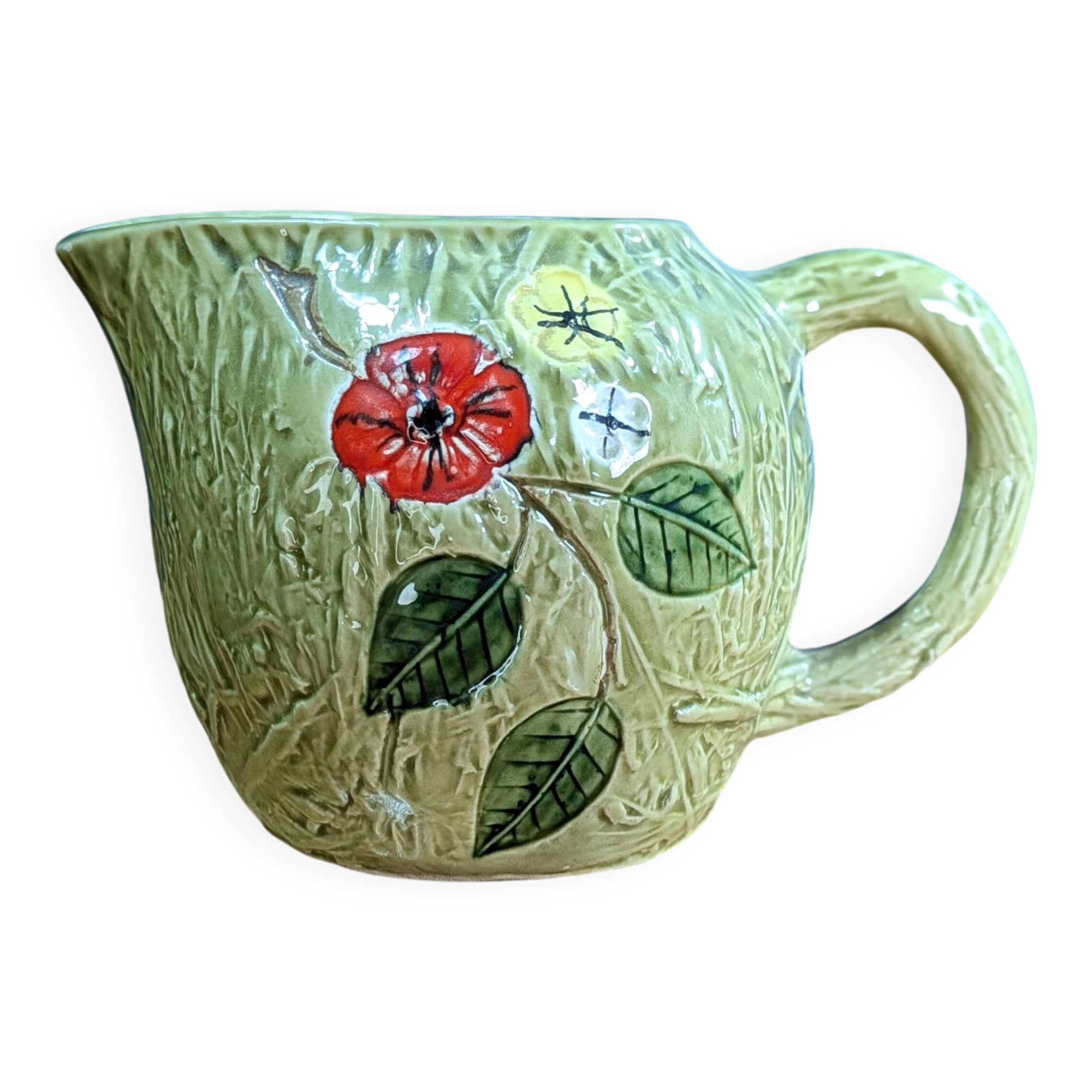 Pitcher Jug Antique Ceramic Barbotine Bresse Style Signed L Green Floral