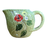 Pichet Cruche Ancienne Céramique Barbotine Style Bresse Signée L Vert Floral