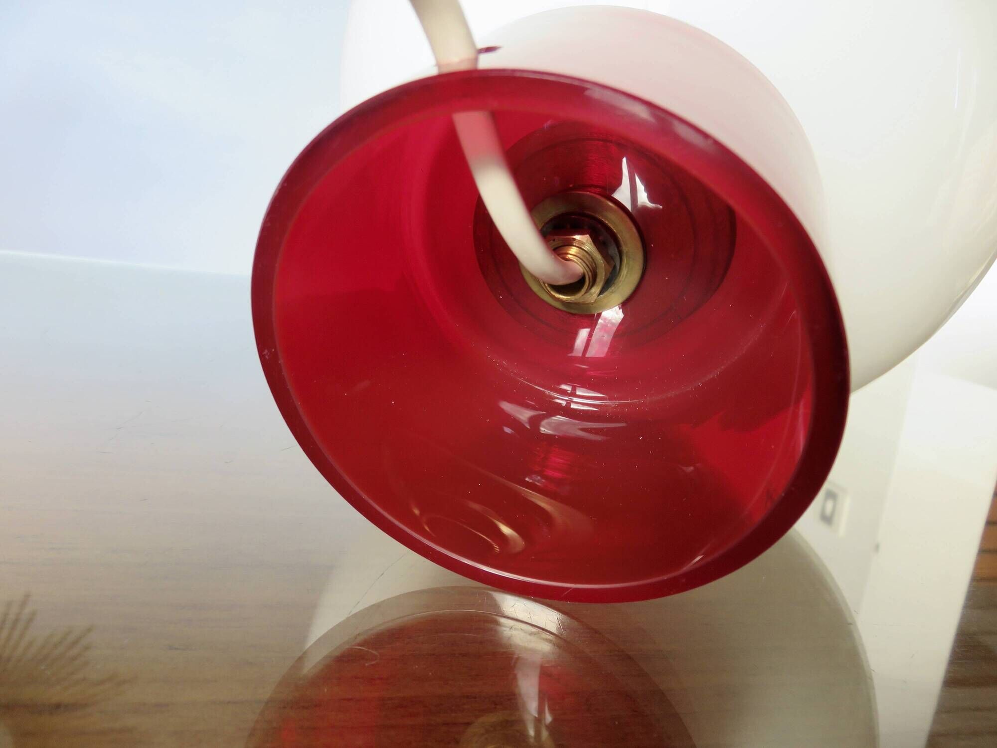 70s lamp in white opaline and translucent red glass