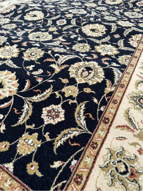 Classic Navy Blue and Gold Rug with a Refined Floral Design