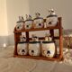 Vintage wooden wall condiment shelf and porcelain pots with geese slip pattern