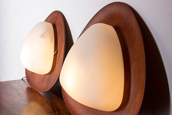 Pair of Italian teak and opaline wall lights by Goffredo Reggiani 1960.