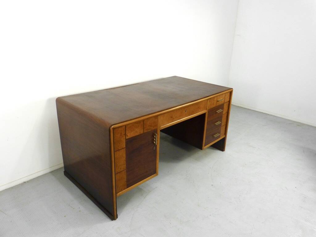 Italian Art Deco Desk In Dark Walnut And Brass.