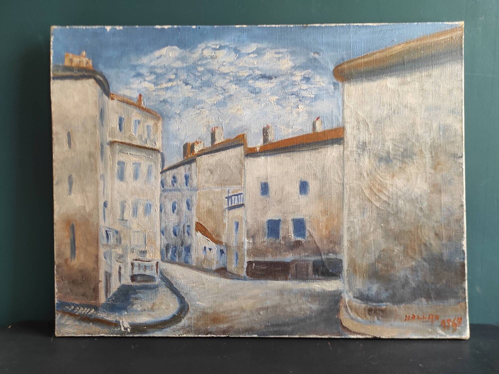 French vintage oil painting, signed Hollan, 1964