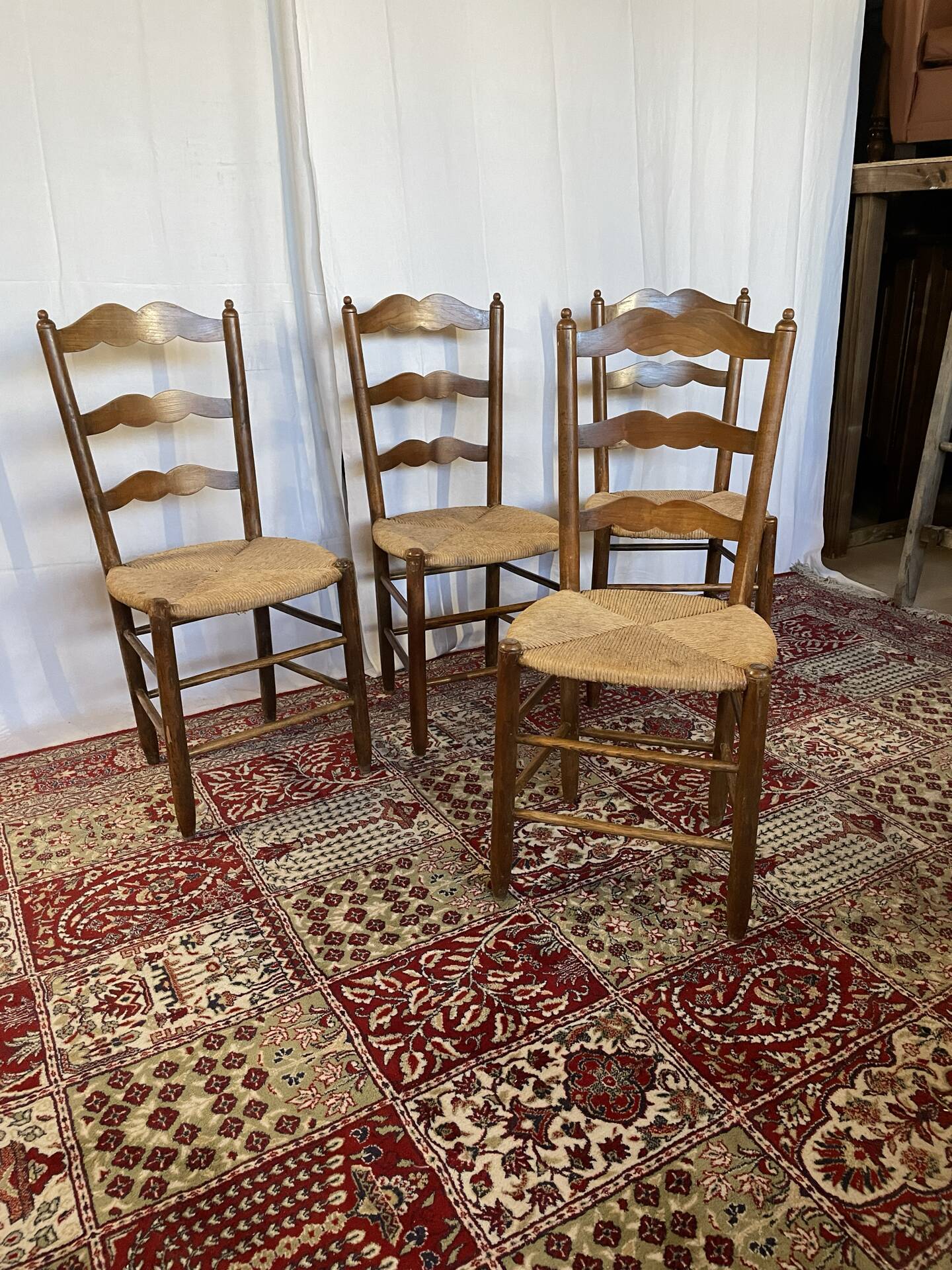 Set of 4 vintage wooden and straw chairs