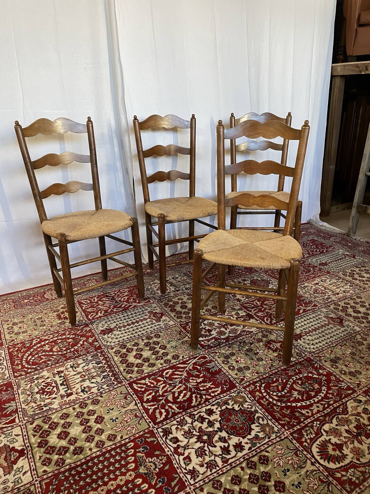 Set of 4 vintage wooden and straw chairs