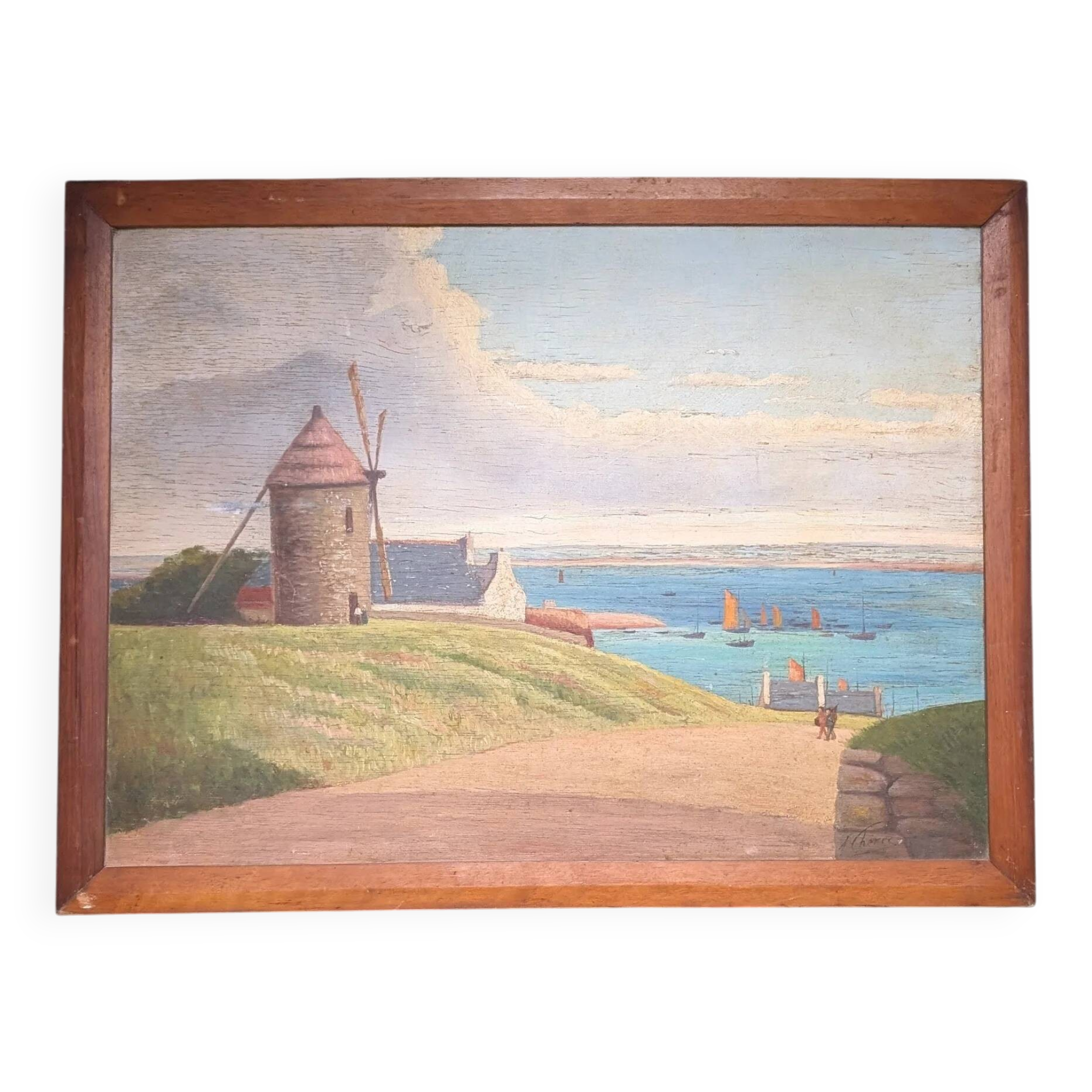 Tableau en bois - Marine au moulin