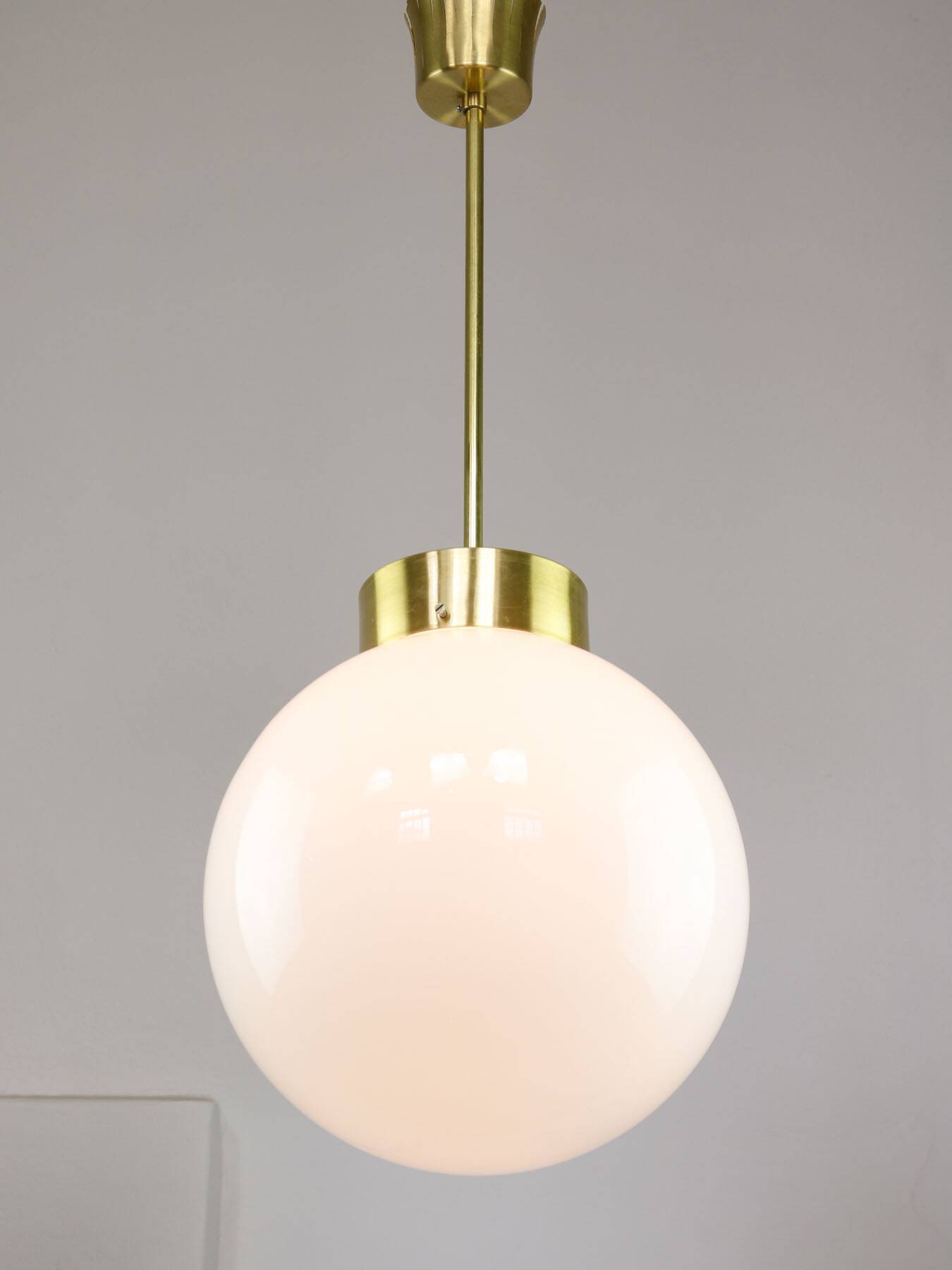 Big Mid-Century Italian Opaline & Brass Globe Pendant Lamp