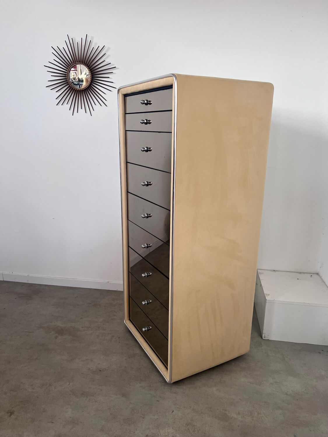 Old mirrored chest of drawers 9 drawers design ruf international vintage 70s