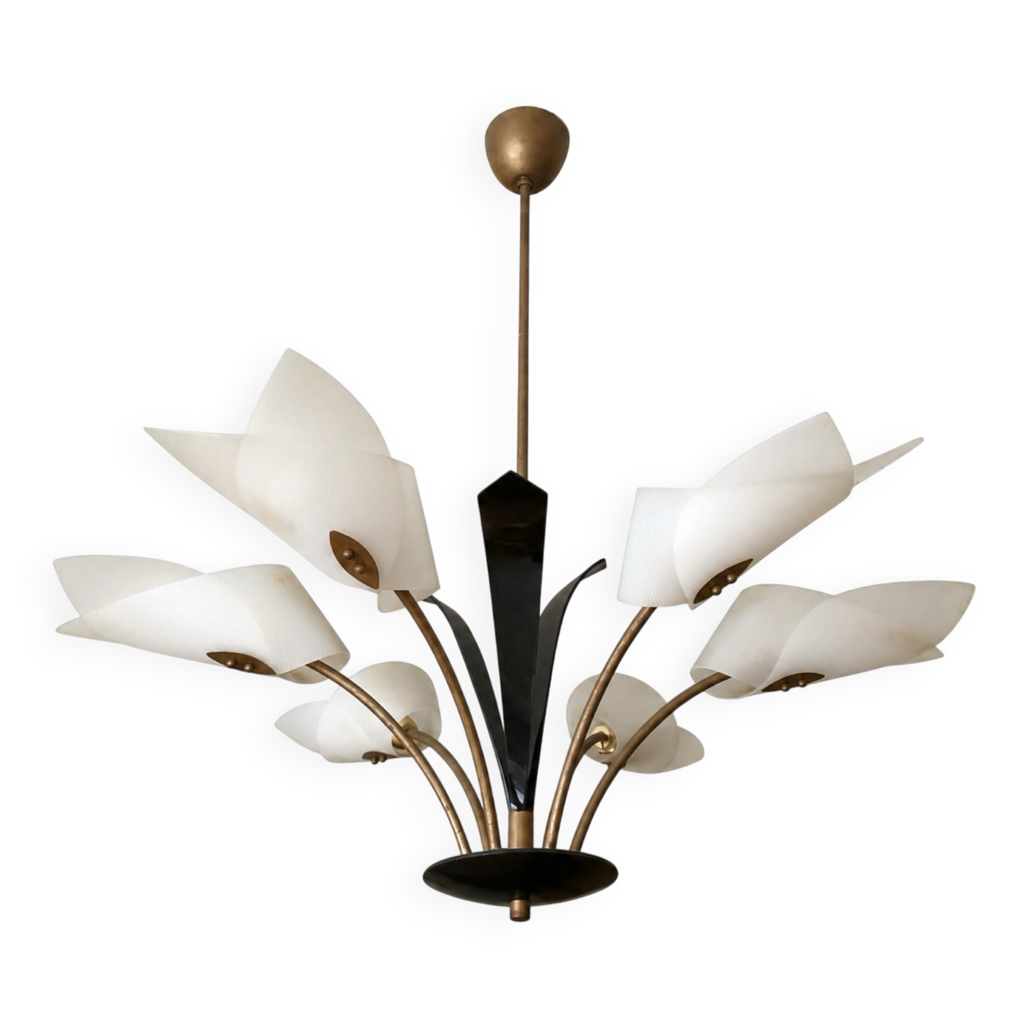 Mid-century lustre with 6 opaline tulips & patinated brass — France/Italy