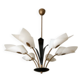 Mid-century lustre with 6 opaline tulips & patinated brass — France/Italy