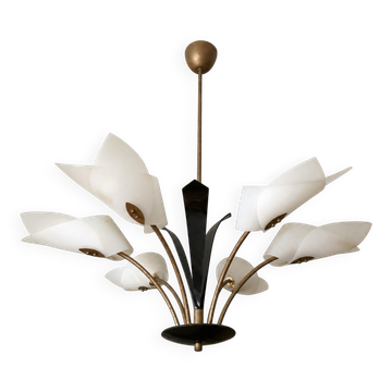 Lustre mid-century 6 tulipes opaline & laiton patiné — France/Italie