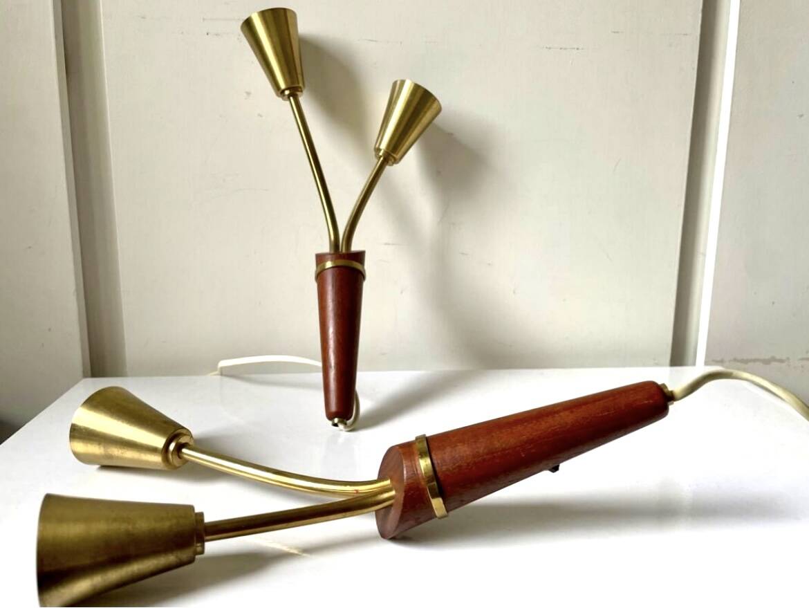 Pair of Scandinavian Midcentury wall lights sconces Brass & teak wood