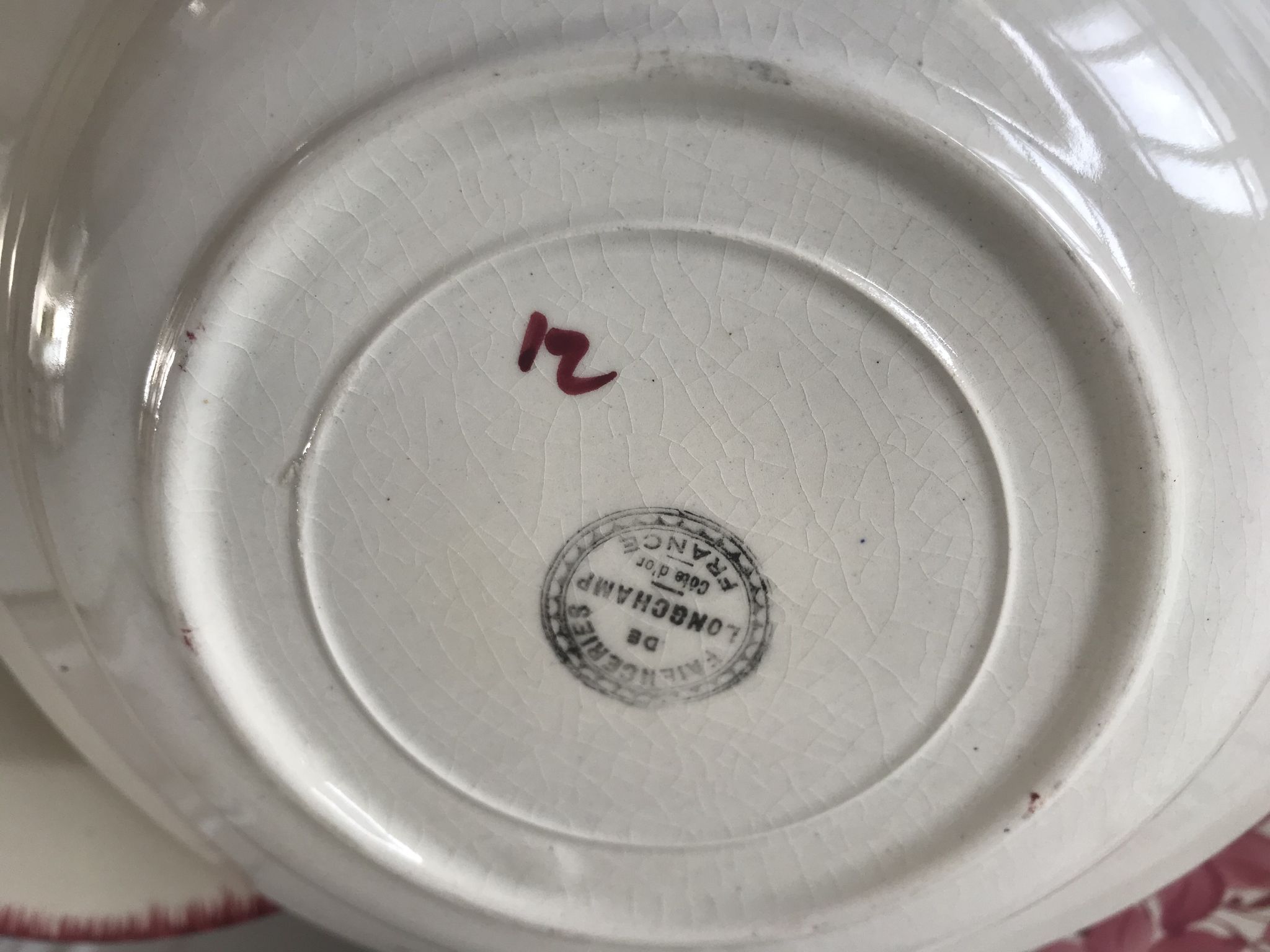lot de 6 assiettes creuses Longchamp roses années 30-40