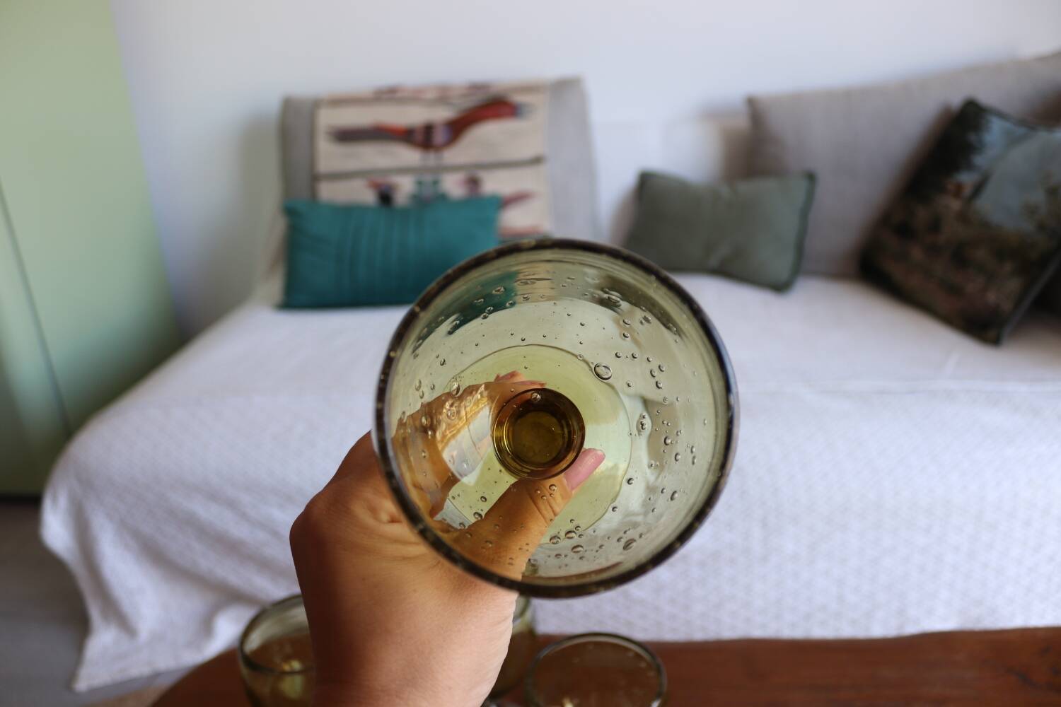 7 green biot stemmed glasses in bubbled glass