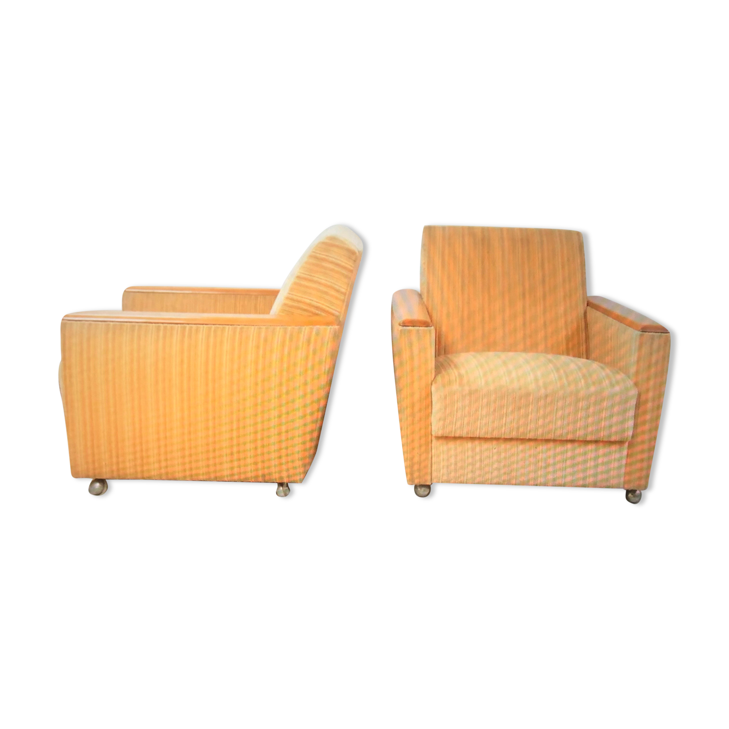 Yellow velvet armchairs and vintage wood 60s