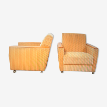 Yellow velvet armchairs and vintage wood 60s