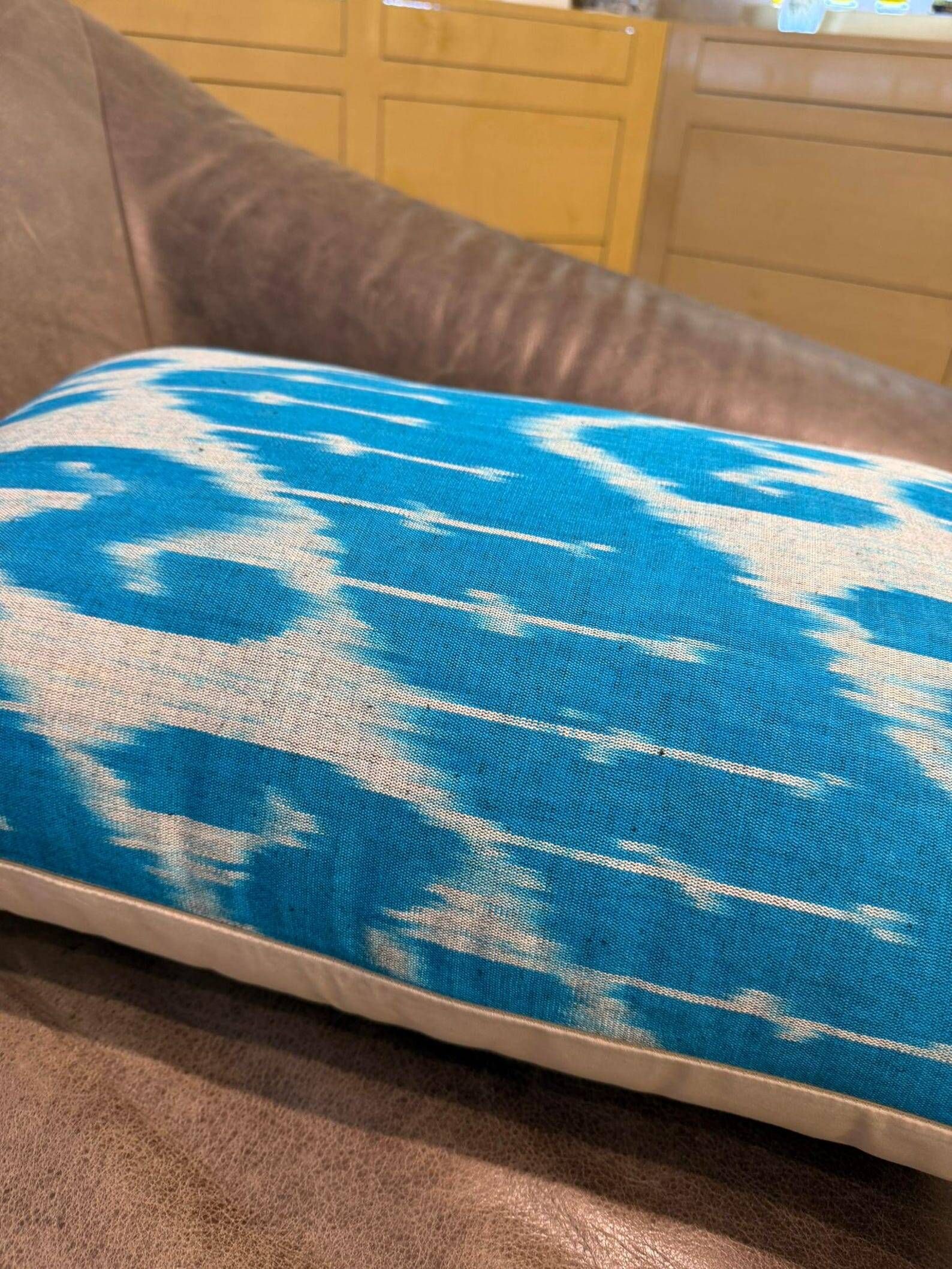 Hand Crafted Silk Ikat Lumbar Cushion Cover, Sky Blue Wave Pillow Case