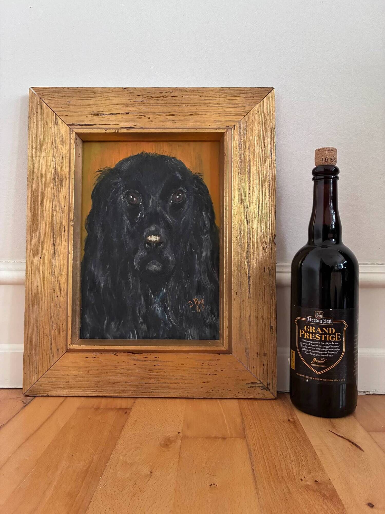 Vintage original dog portrait oil painting, signed animal art