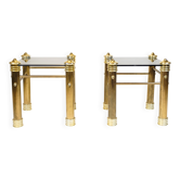 Ensemble de deux tables de chevet - pieds en laiton - plateau en verre noir - style vintage - années 1970
