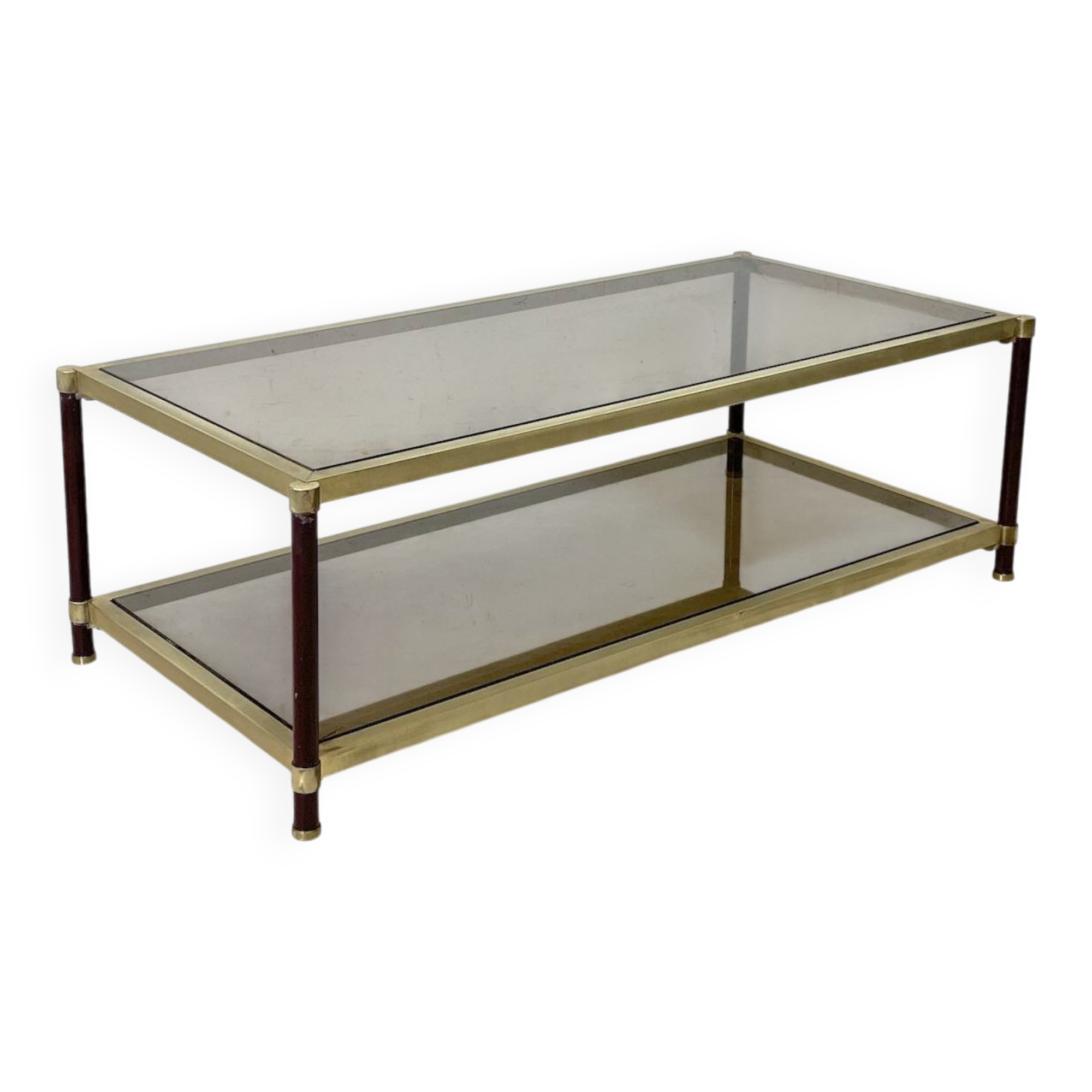 Vintage 1970s gold metal and smoked glass coffee table.
