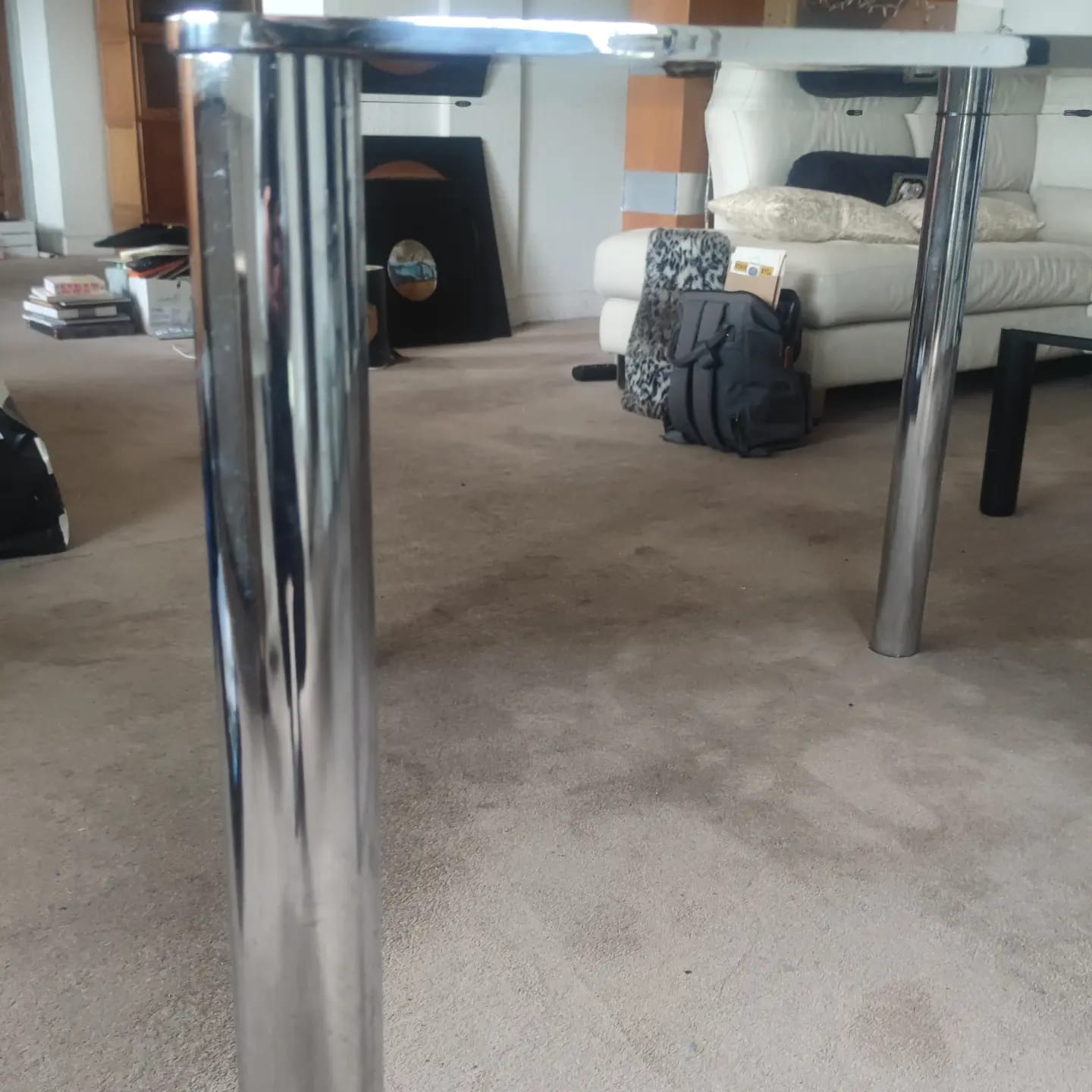 Dining table in chromed steel and smoked glass top, 1969