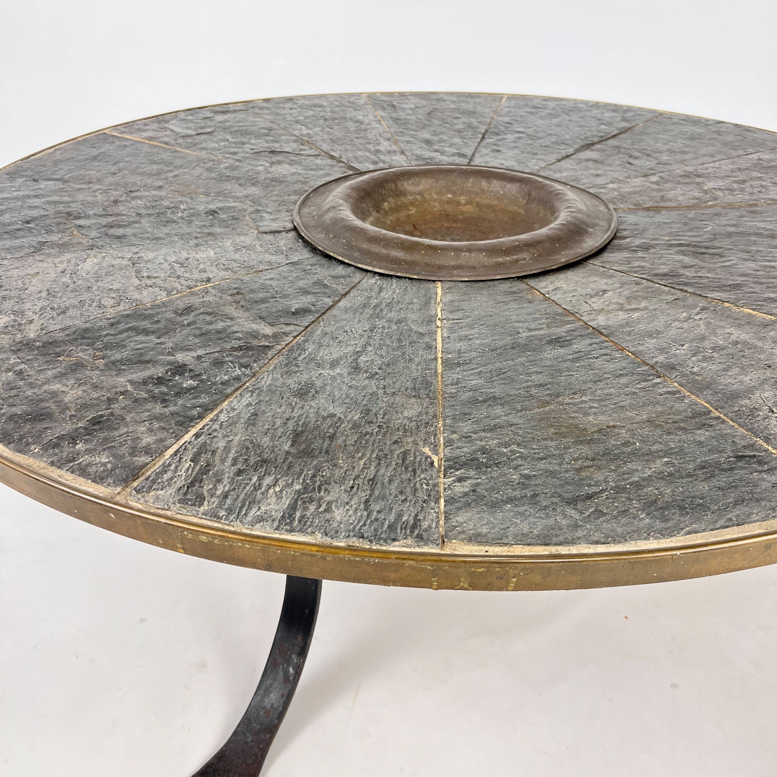 Large brutalist steel and slate coffee table, 1960s