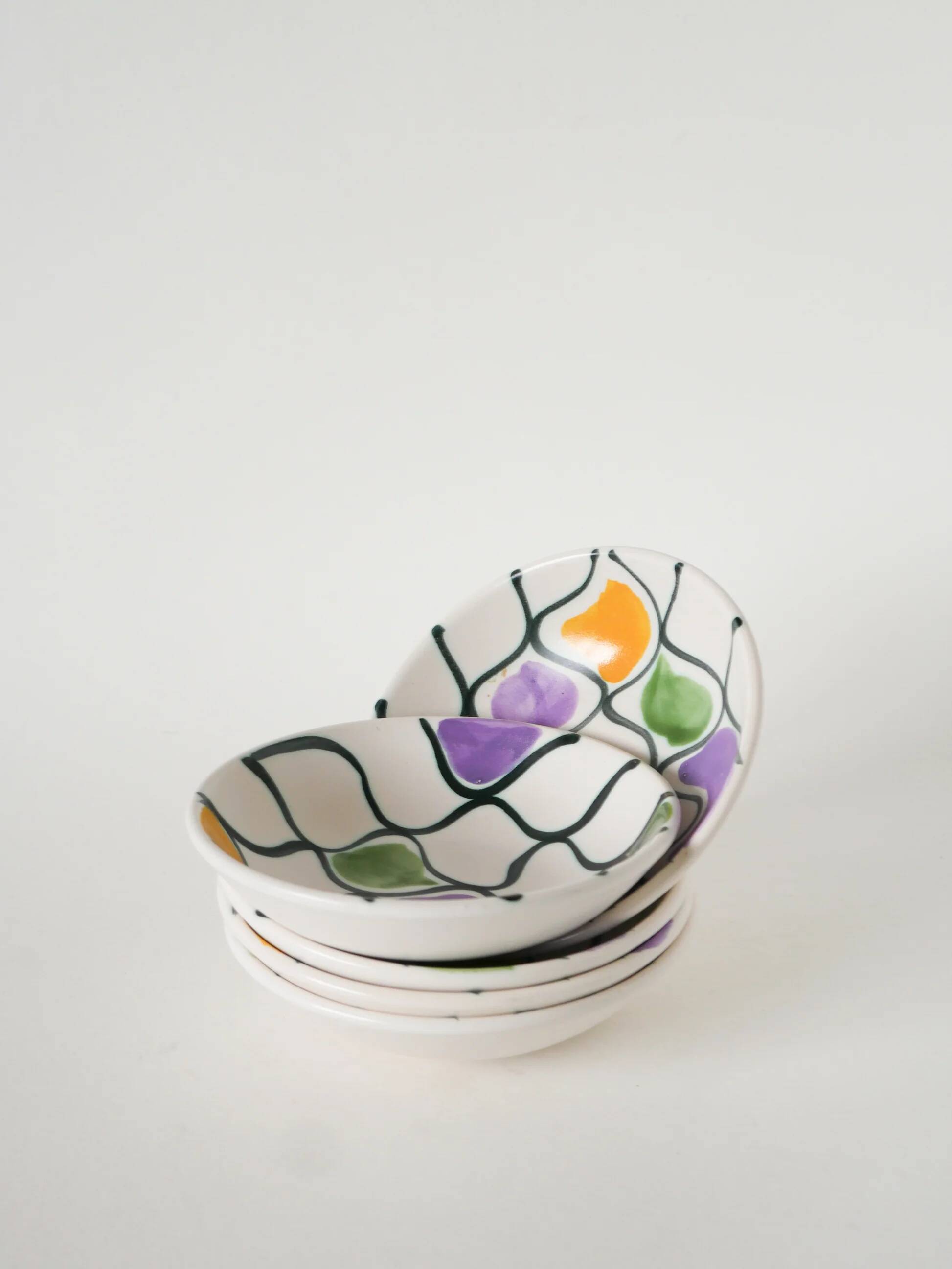 Pair of ceramic ramekins, abstract patterns in yellow, purple and green, Pornic model, 1960.