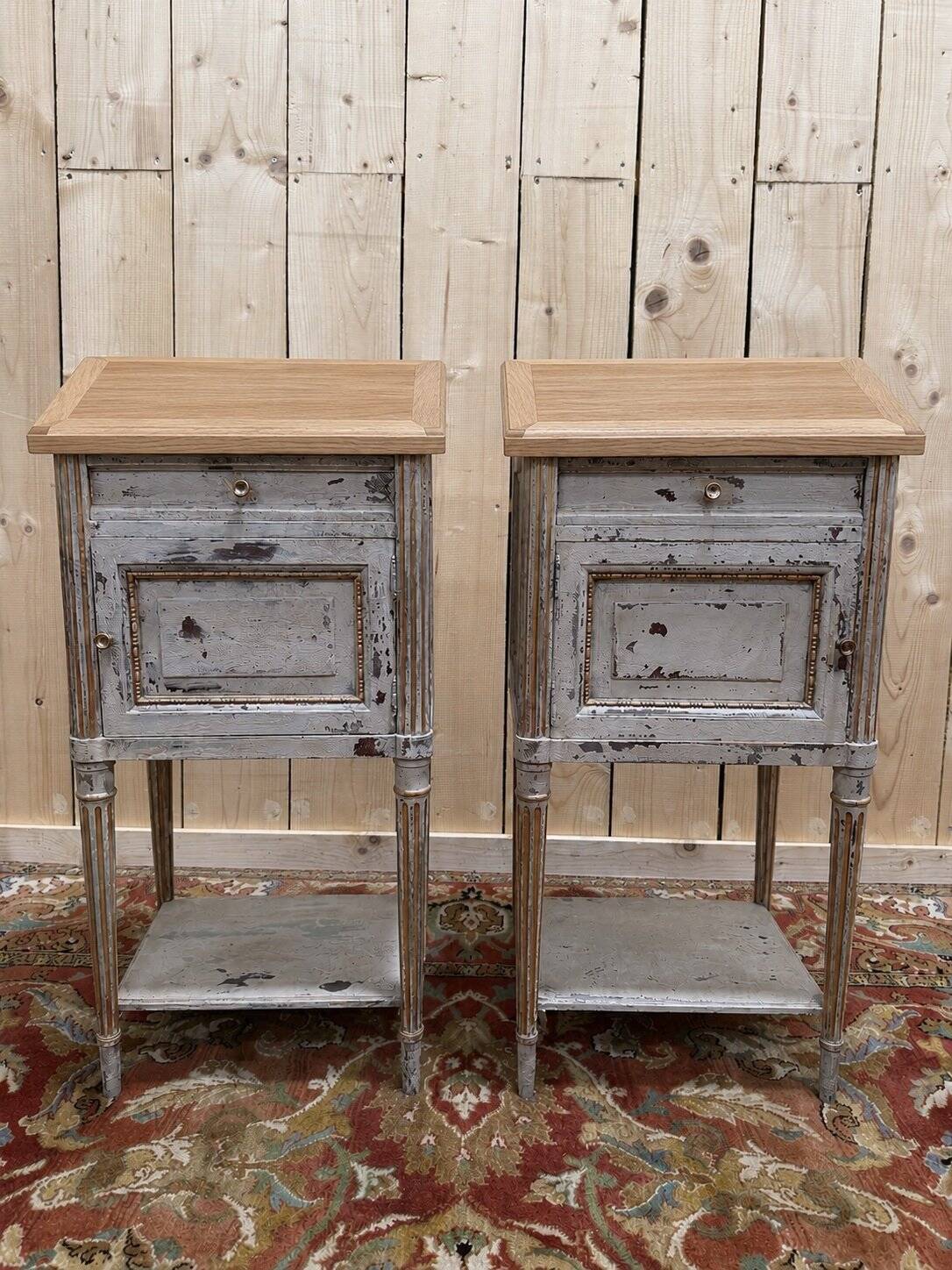 Pair of bedside tables – Louis XVI style – Painted wood, oak, brass, po
