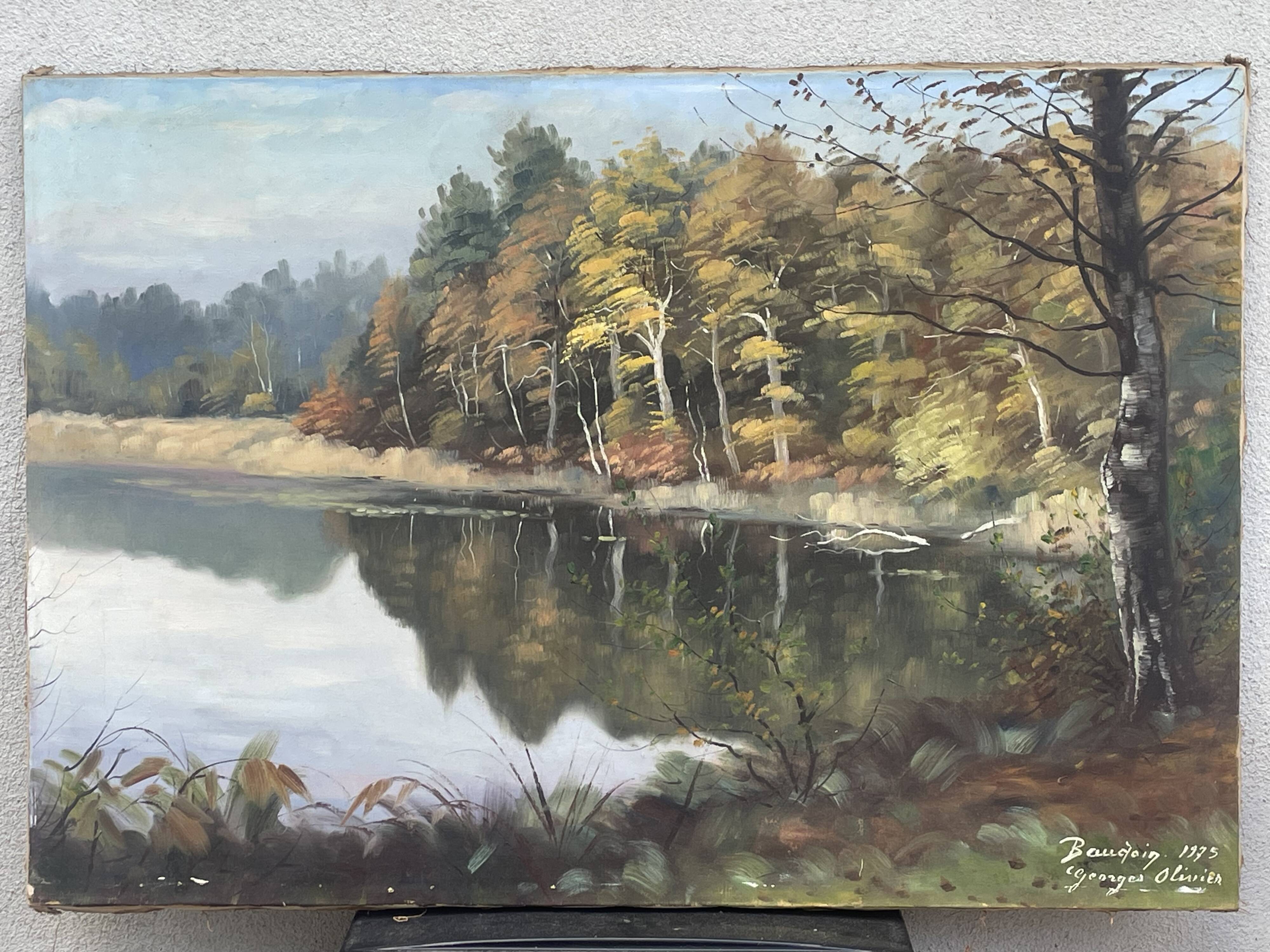 Oil on canvas lake landscape signed go baudoin xxth - 1975