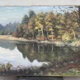 Oil on canvas lake landscape signed go baudoin xxth - 1975