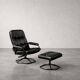 Vintage Mid-Century Danish Modern Black Leather Swivel Chair and Ottoman