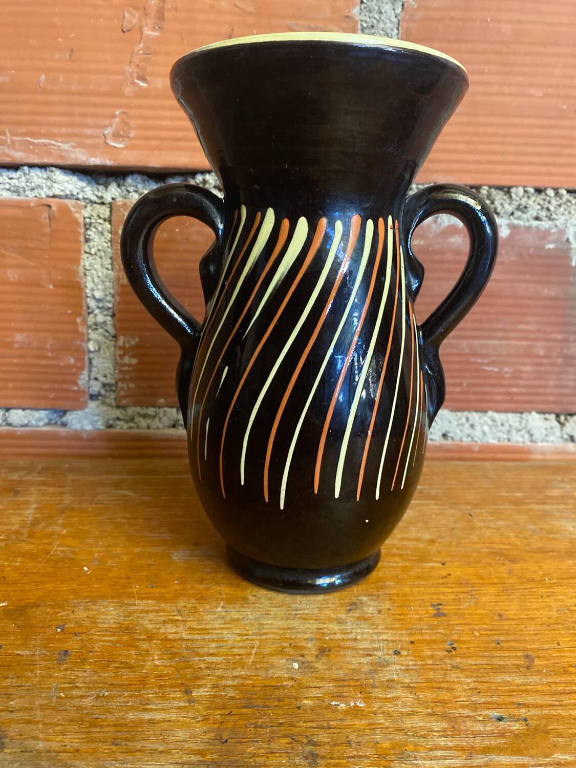 Vase with dwarf handles, black ceramic, vintage decor