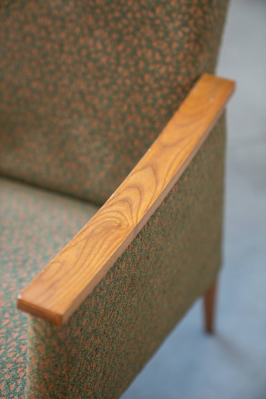 Pair of vintage armchairs in oak and embossed fabric, with old republished certificate of authenticity