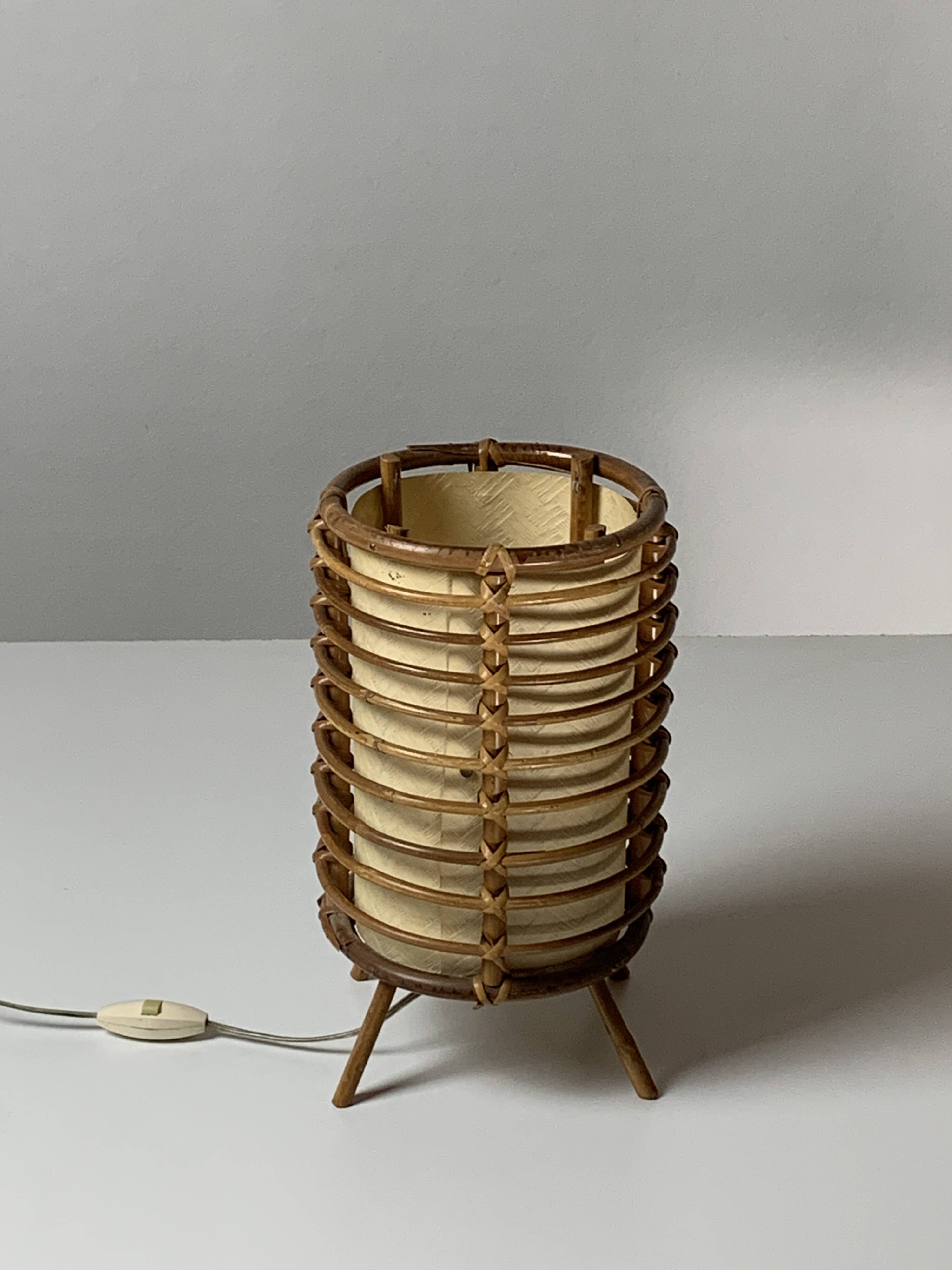 Bamboo cylindrical table lamp by Louis Sognot, France 1950s