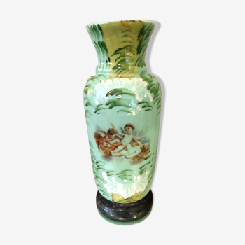 Green opaline vase decorated with cherubs painted and enamelled motifs