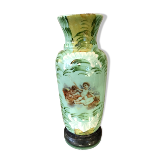 Green opaline vase decorated with cherubs painted and enamelled motifs