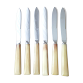 Set of 6 cheese knives, stainless blades and bovine horn sleeves