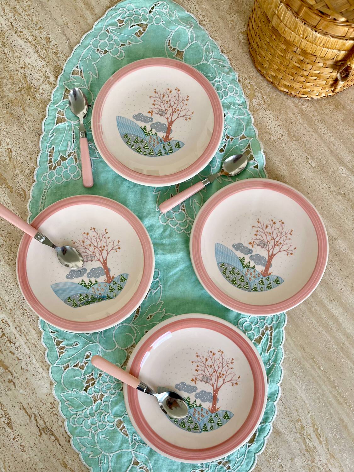 4 vintage powder pink dessert plates
