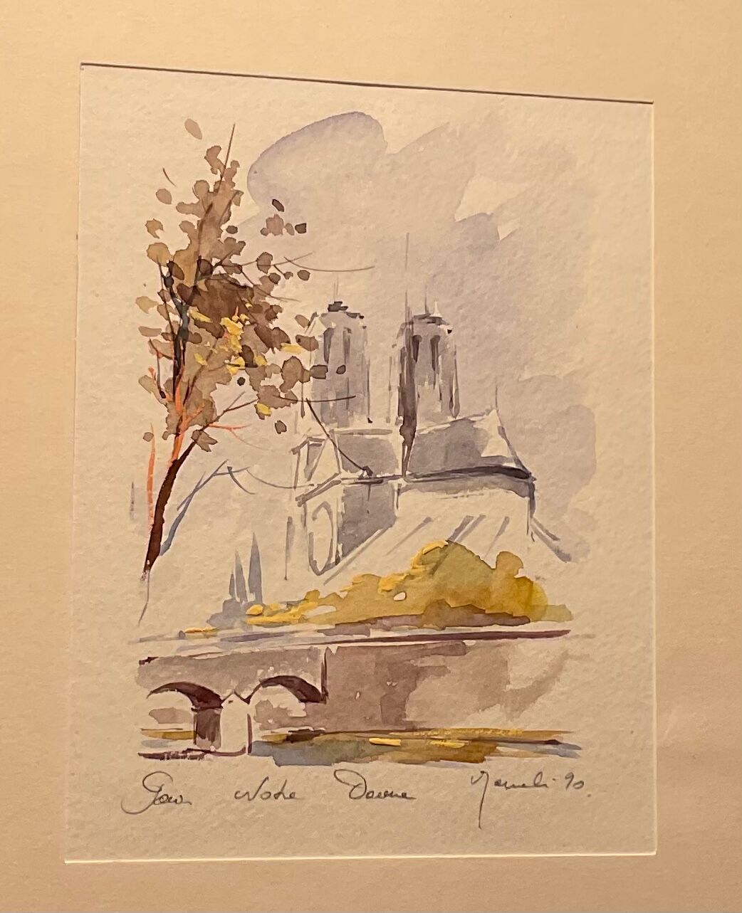 Watercolor Notre Dame de Paris signed year 90