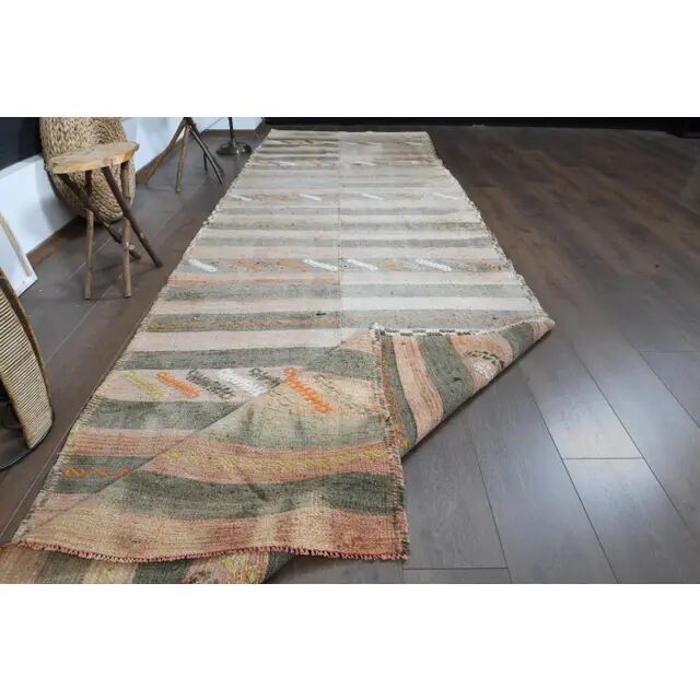 Striped Turkish Vintage Oushak Runner Handmade Wool Runner Rug 131x444