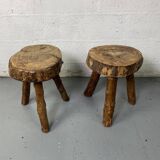 Pair of tripod stools in raw wood