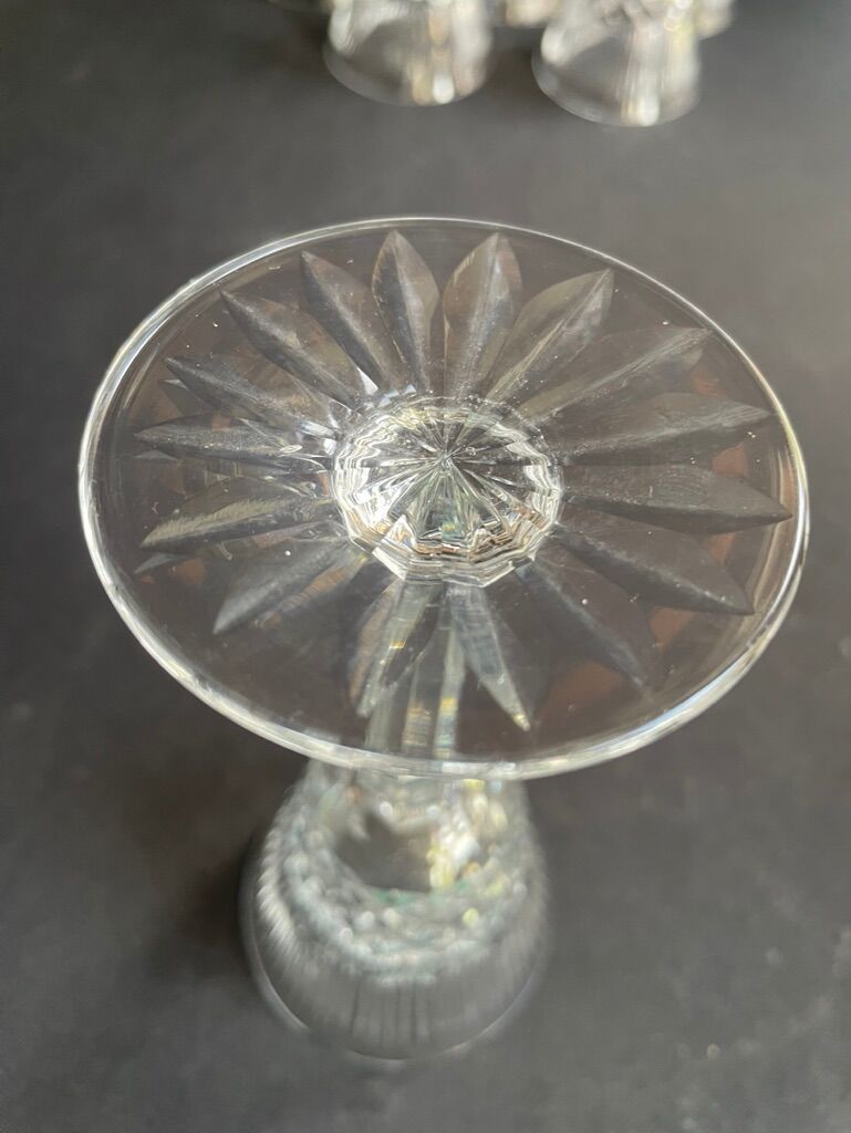 6 old carved crystal wine glasses