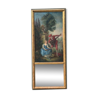 Trumeau miroir peinture scène galante bois doré