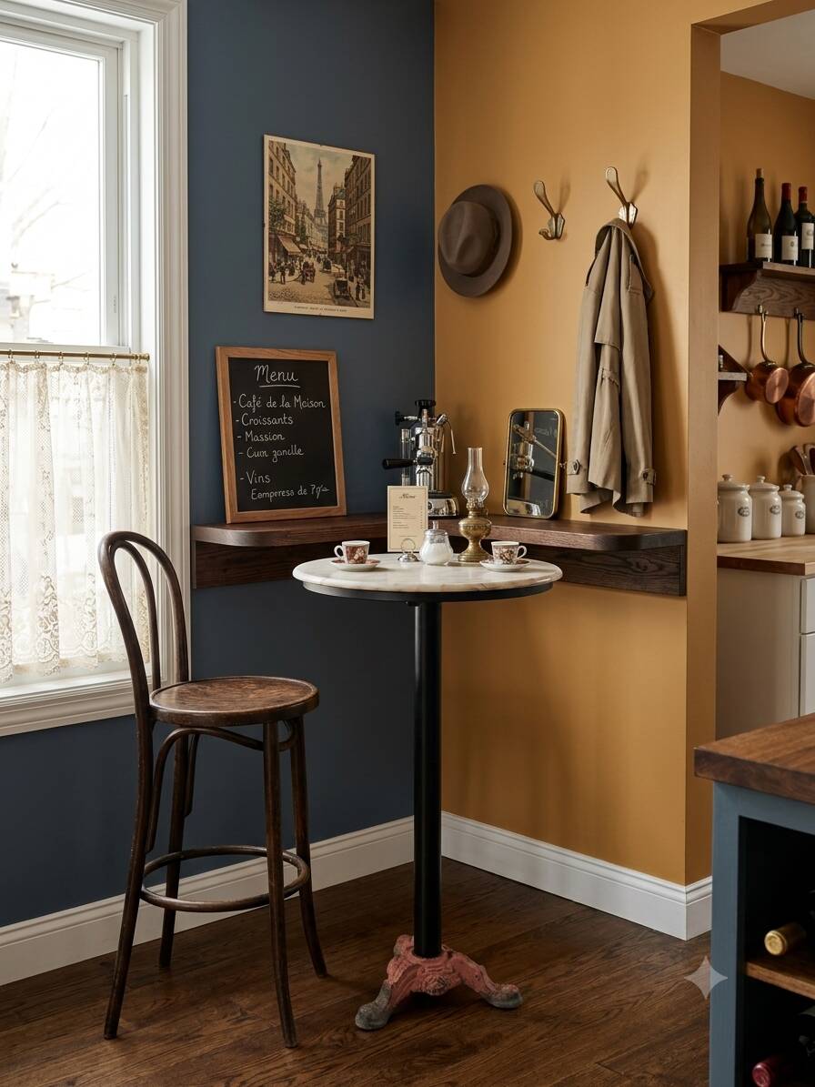 Bistro standing table with marble top and cast iron base.