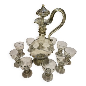Roemer Glasses and Carafe 19th Century Mouth Blown Crystal