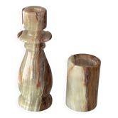Vintage Hand-Carved Green Onyx Candlestick & Tea Light Holder Set