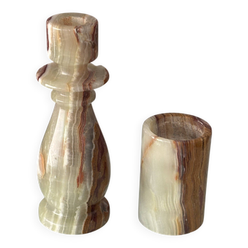 Vintage Hand-Carved Green Onyx Candlestick & Tea Light Holder Set