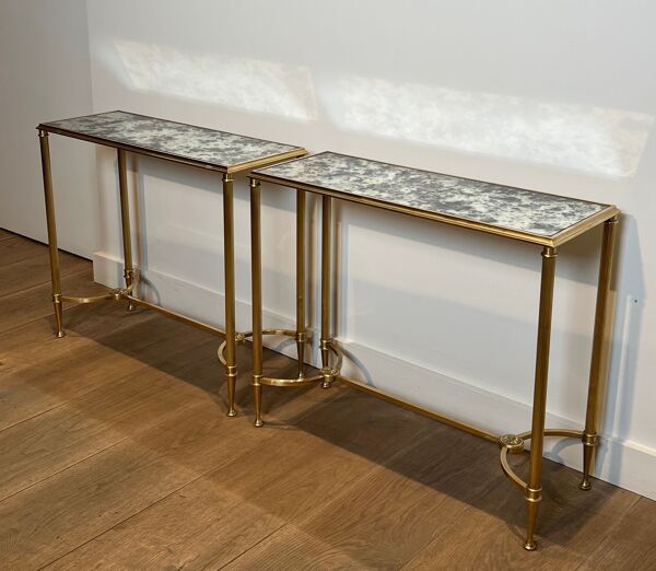 Paire de bouts de canapé en laiton et miroirs antiques de la maison Baguès